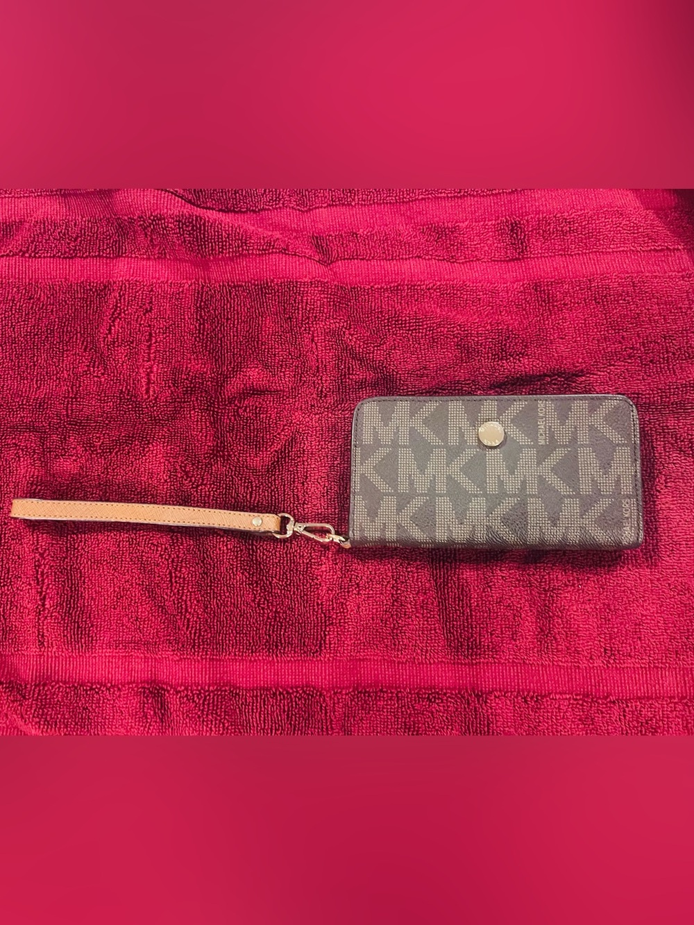 Michael Kors Brown Logo Wristlet with Tan Strap